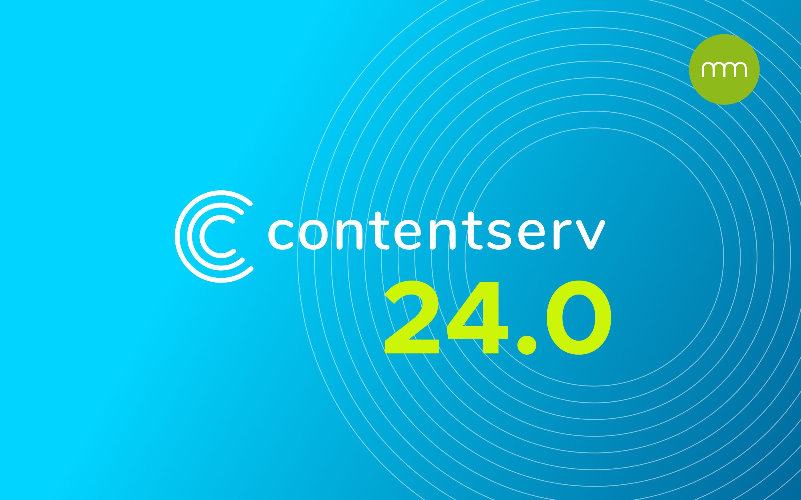 Illustration in hellblau mit dem Contentserv Logo mittig und darunter der Schriftzug 24.0, oben rechts das communicode Logo.