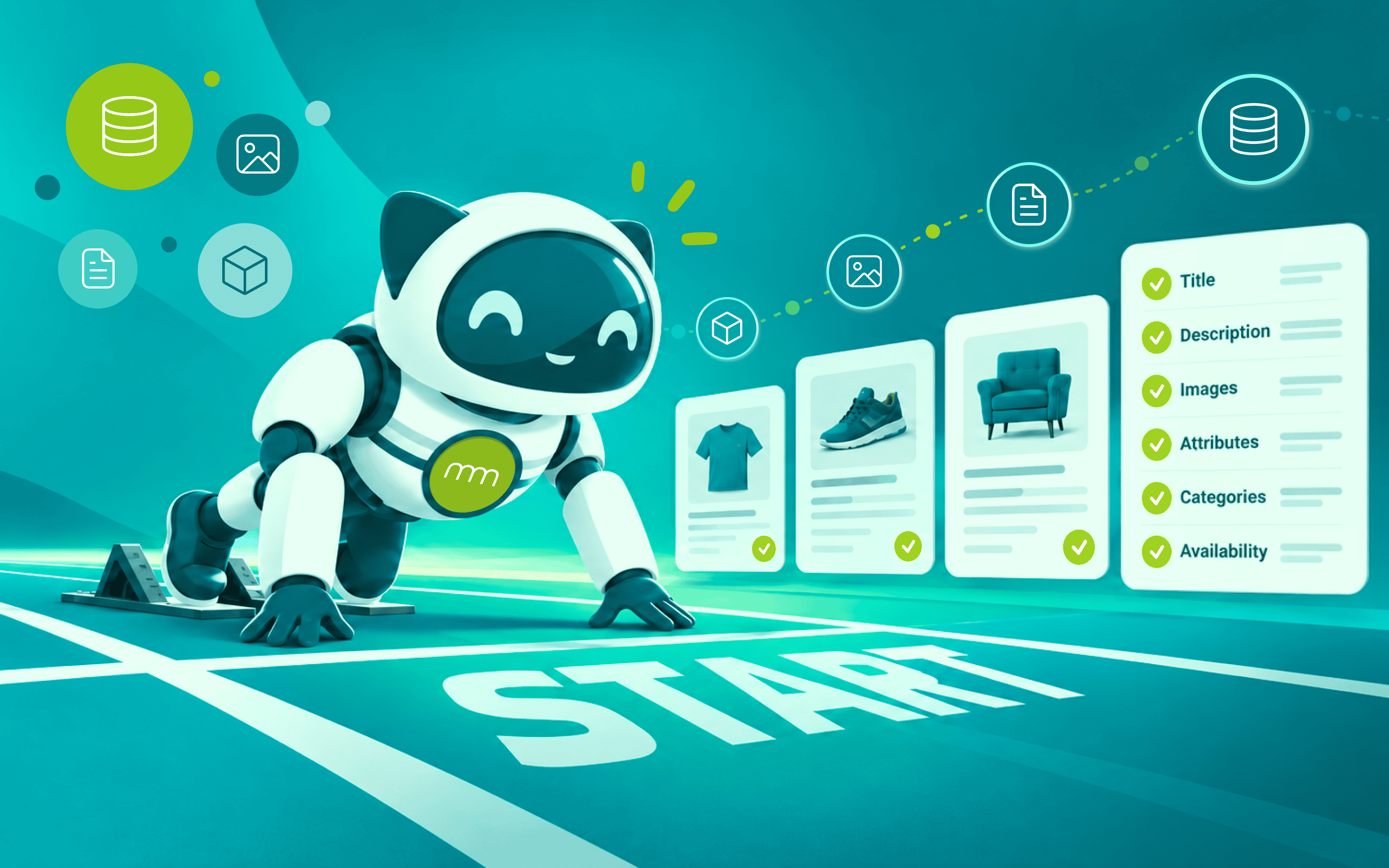 A friendly AI robot is standing in the starting position on a track marked “START.” To the right of it, product cards are displayed featuring a T-shirt, a shoe, and an armchair, along with a checklist containing the items “Title,” “Description,” “Images,” “Attributes,” “Categories,” and “Availability.” Icons for a database, documents, and images illustrate an automated process for enriching and managing product data. Translated with DeepL.com (free version)