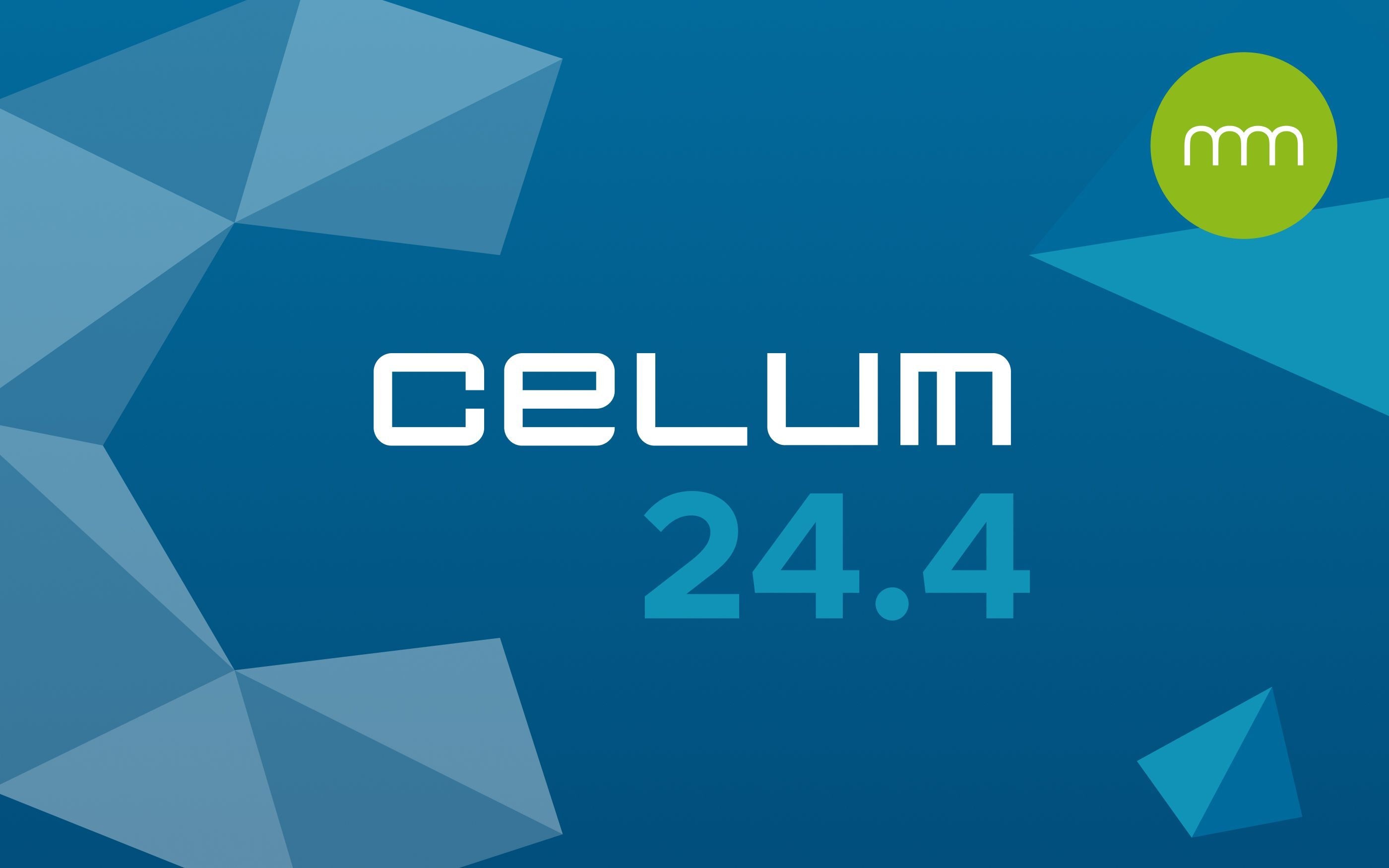 Modern graphic design for the release of ‘celum 24.4’ with a blue, geometric background and the communicode logo