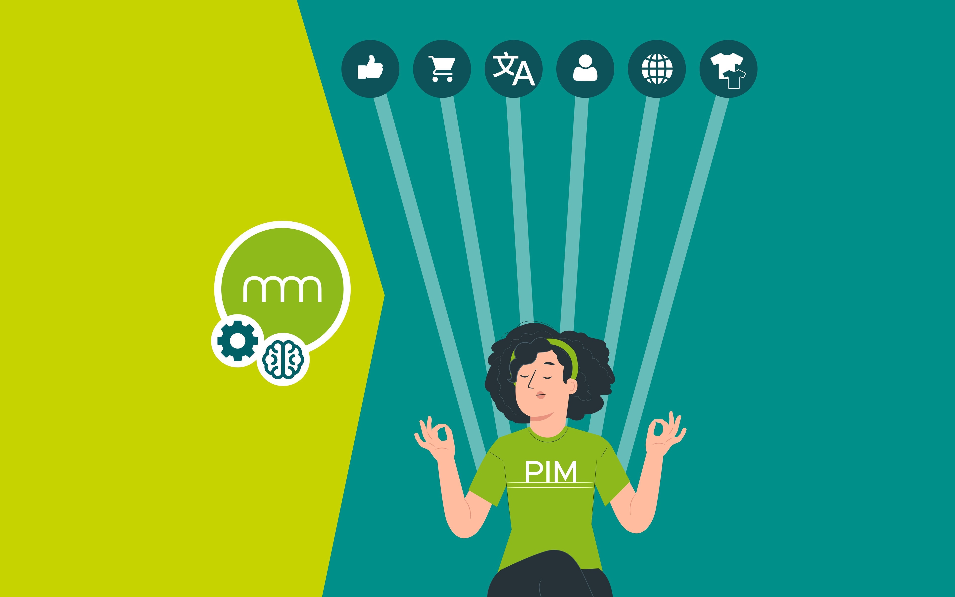 Illustration of a person in green clothing with the PIM logo, surrounded by symbols for functions such as likes, shopping, translation, users, global networking, and product presentation; on the left, the PIM logo with a gear and brain symbol.