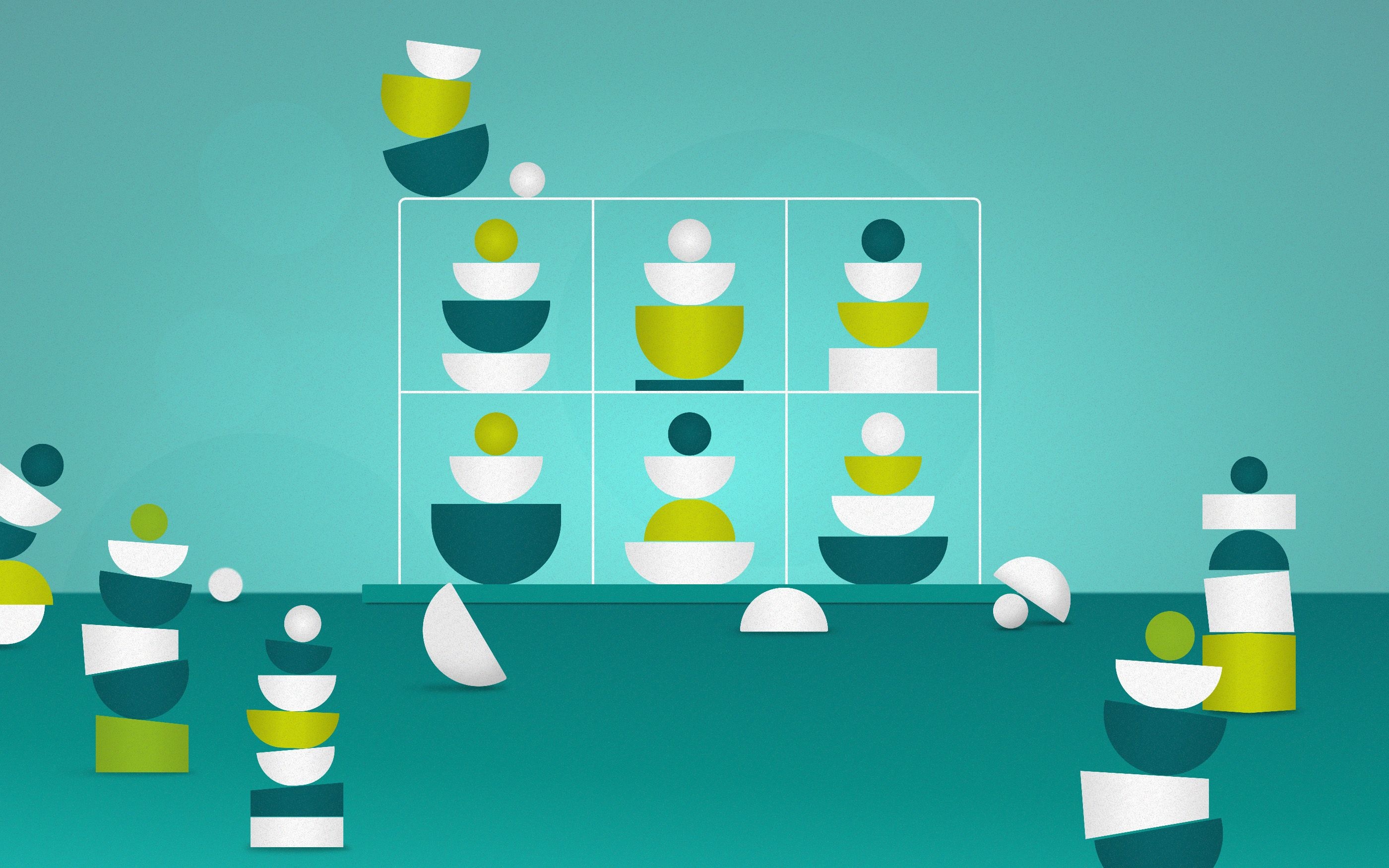 An abstract illustration composed of stacked geometric shapes in green, white, and dark blue. The shapes are arranged in a grid and symbolize structure, organization, and varying degrees of maturity.