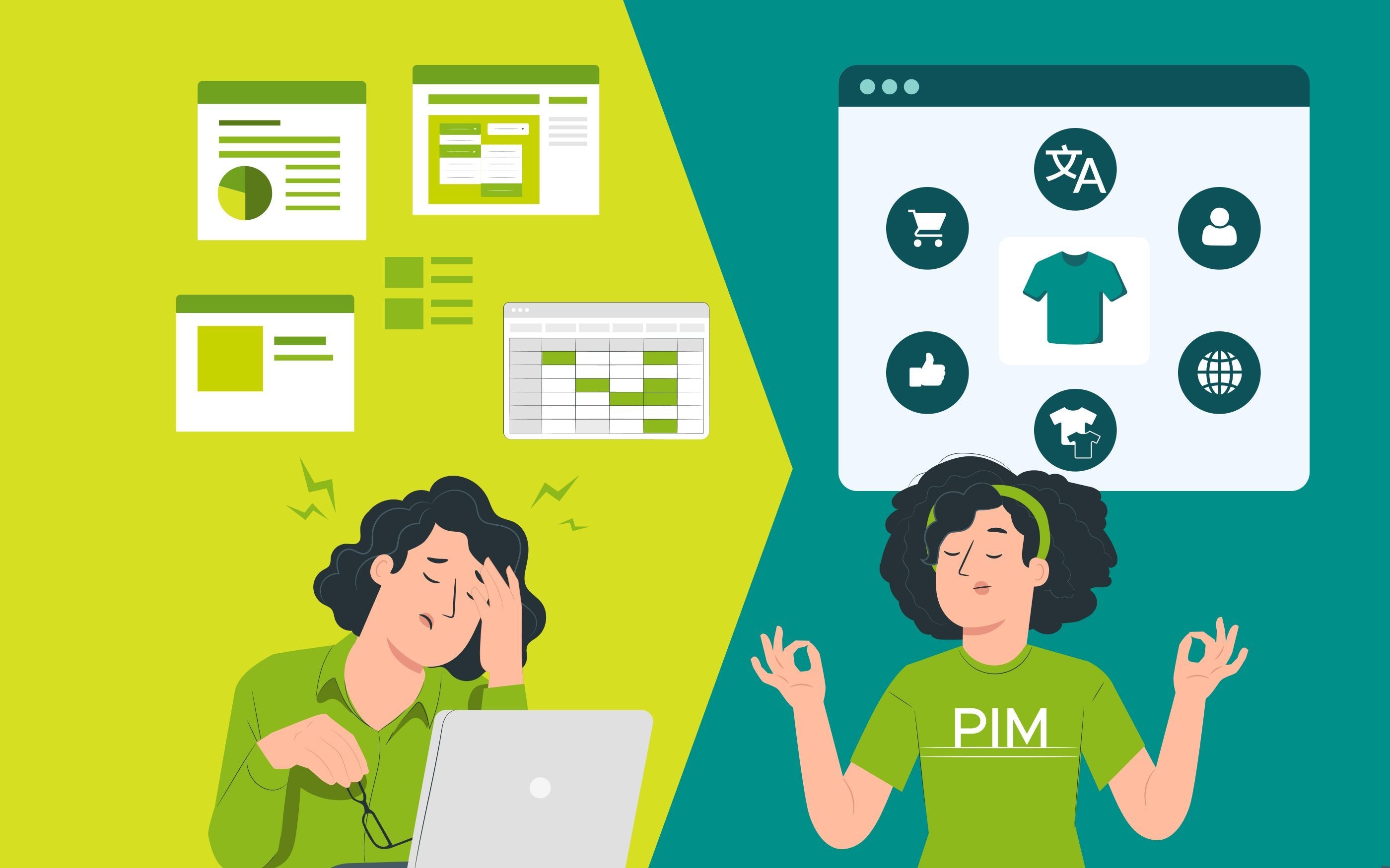 Illustration with two scenes: It compares stressful manual data maintenance with relaxed, efficient product management using a PIM system.