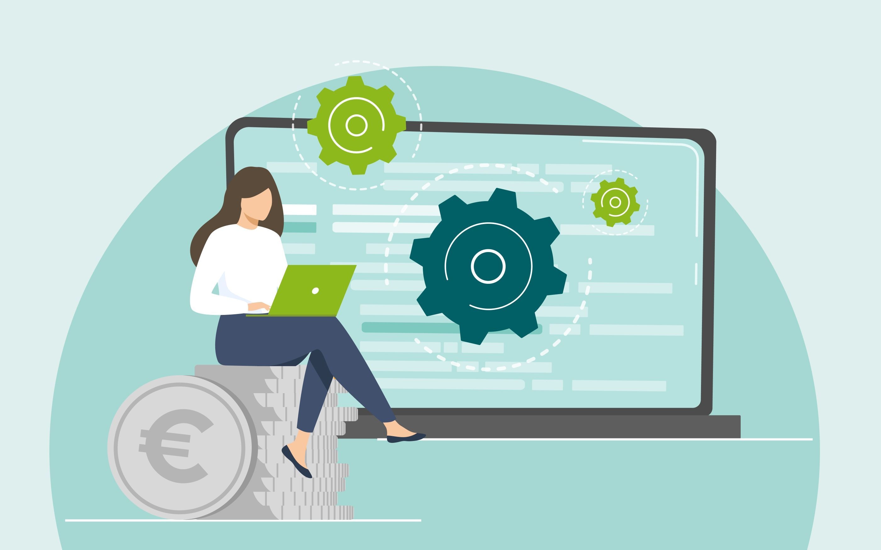 Graphic of a woman sitting with her laptop on a stack of coins. A laptop screen with gears in the background.