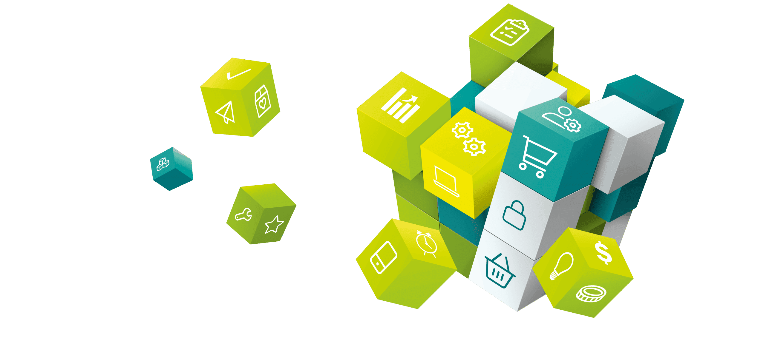 Abstrakte Illustration aus vernetzten 3D‑Würfeln mit Symbolen für E‑Commerce, Daten, Prozesse, Sicherheit und Analyse.